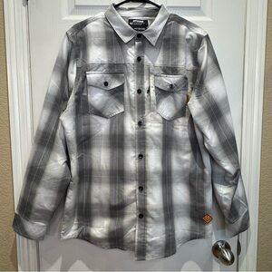 Off the Grid Men's Large Long Sleeve Button Down Flannel Grey Lime Green Plaid